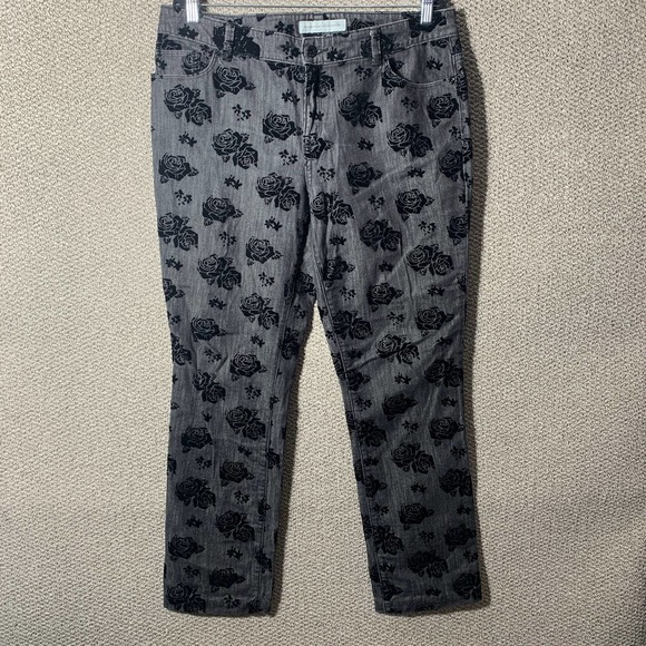 Chico's Platinum Jeans Womens Size 2 US L 12 Black Denim Floral Velvet Skinny - Picture 1 of 12